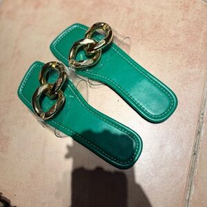 Green Sandals with Gold Chain Accent